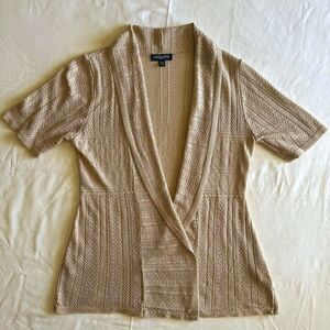 2000s Notations Tan Short Sleeve Knit Open Front Cardigan Sz PS Boho Fairy Indie